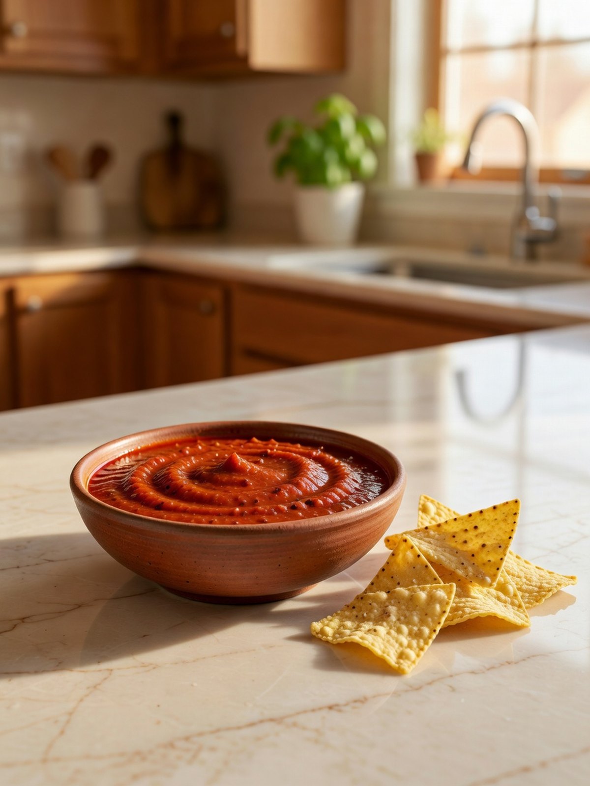 Bowl of smooth red salsa with a few tortilla chips beside it