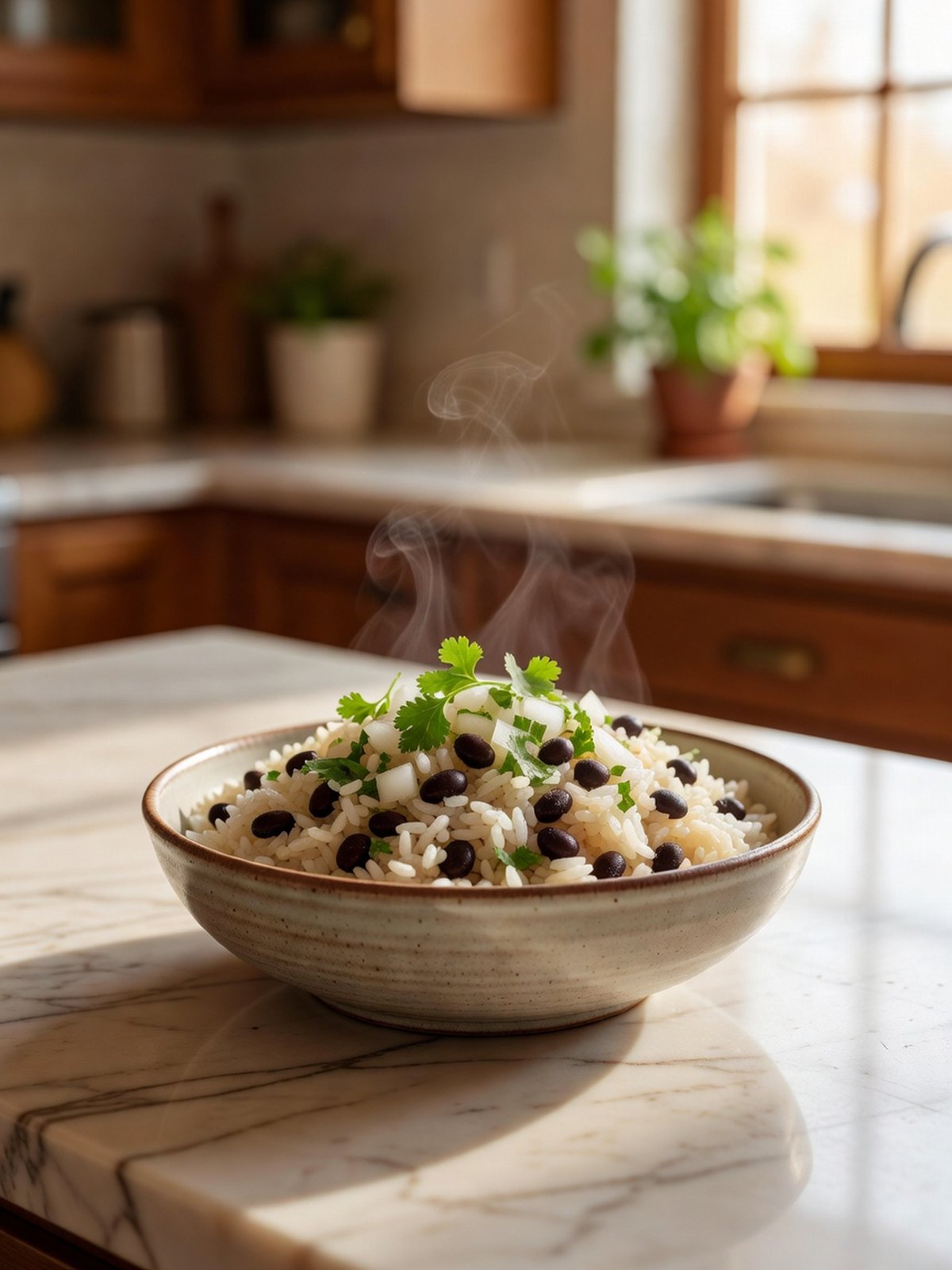 Bowl of white rice mixed with black beans, onion, and cilantro
