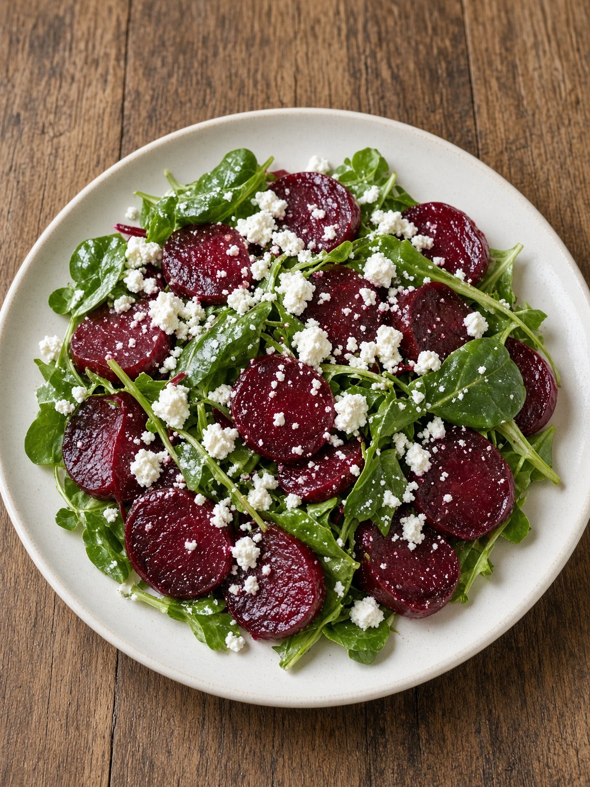 Roasted beet salad with crumbled goat cheese and walnuts on greens