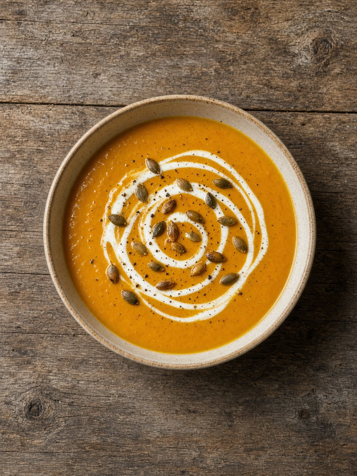 Bowl of smooth orange butternut squash soup with a swirl of coconut milk