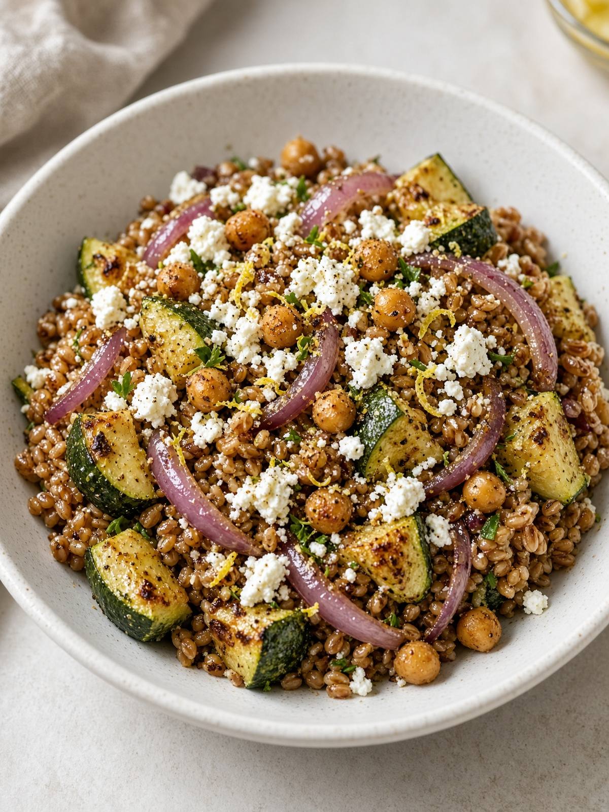 A bowl of farro with roasted zucchini, red onion, chickpeas, and feta.