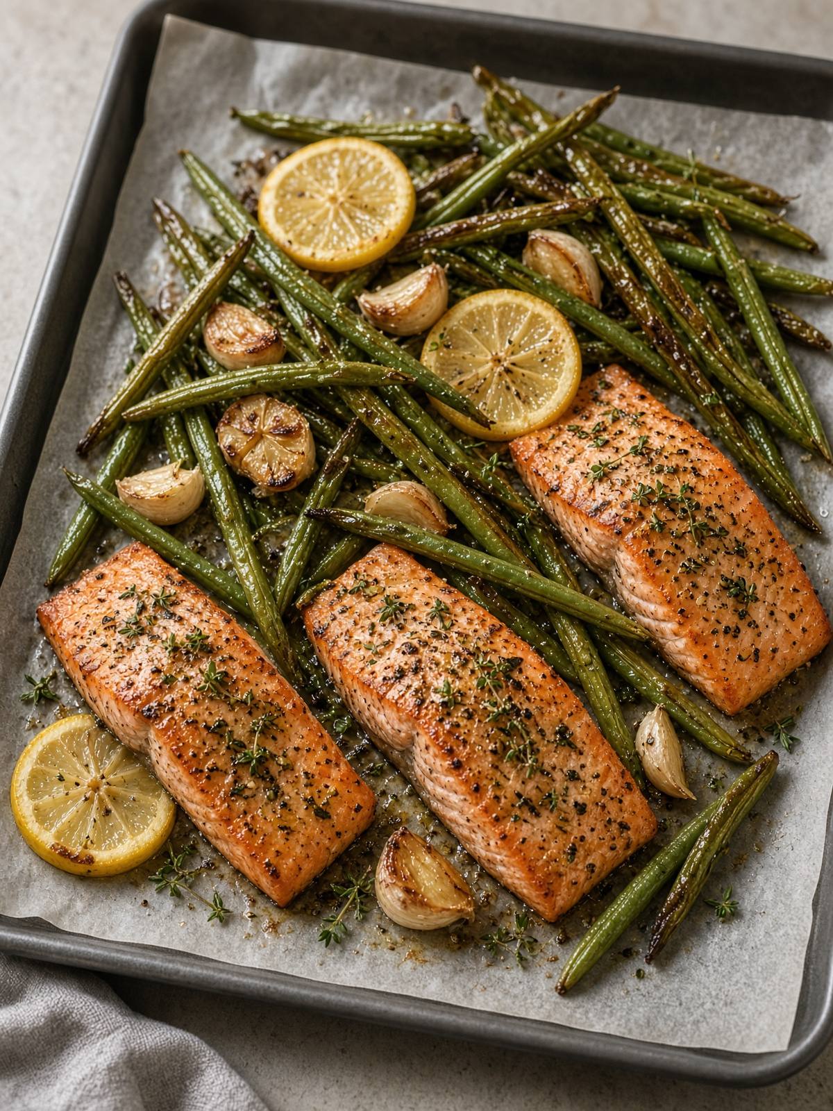 Roasted salmon fillets with lemon, garlic, and tender green beans.