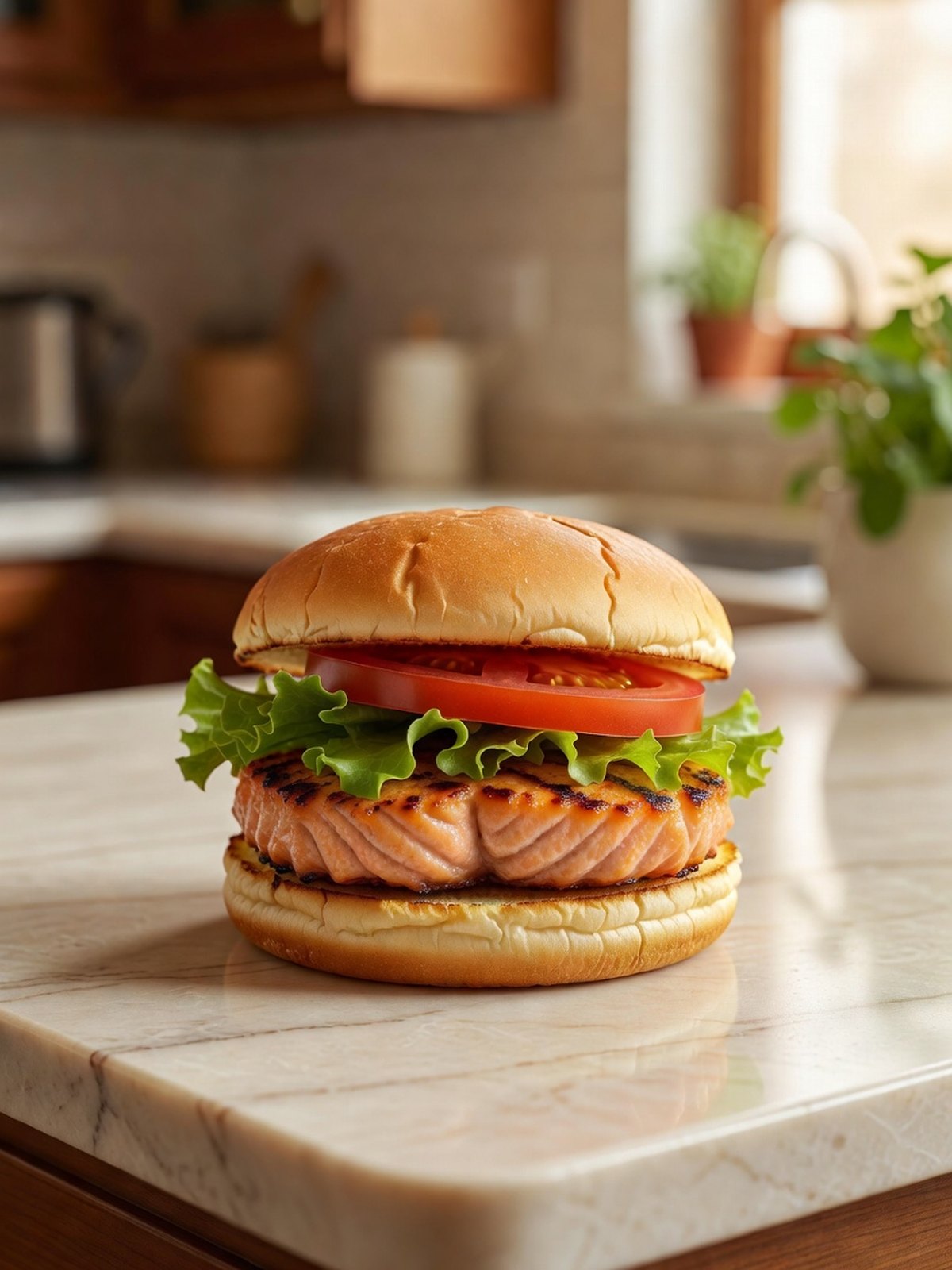 Salmon burger on a toasted bun with lettuce and tomato