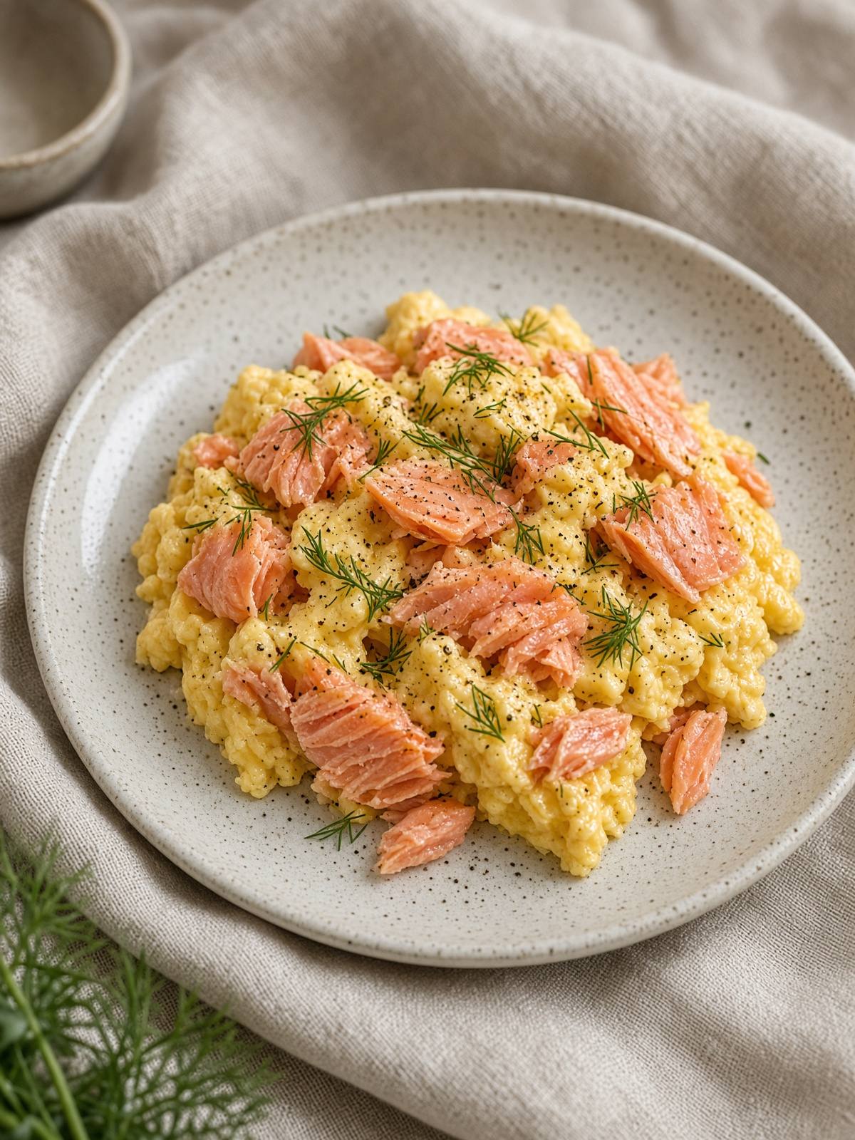 Soft yellow eggs folded with pink salmon flakes and green dill.