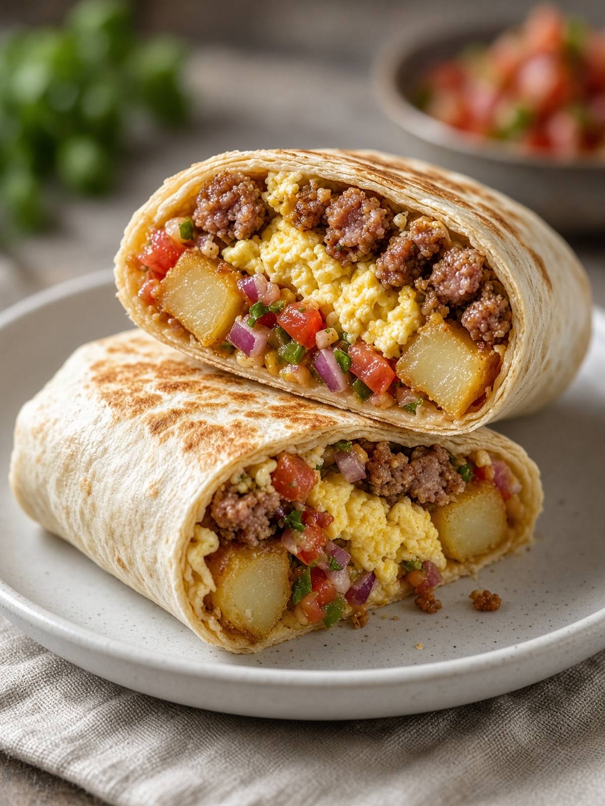 A flour tortilla rolled around crispy potato hash, scrambled eggs, sausage, and salsa.