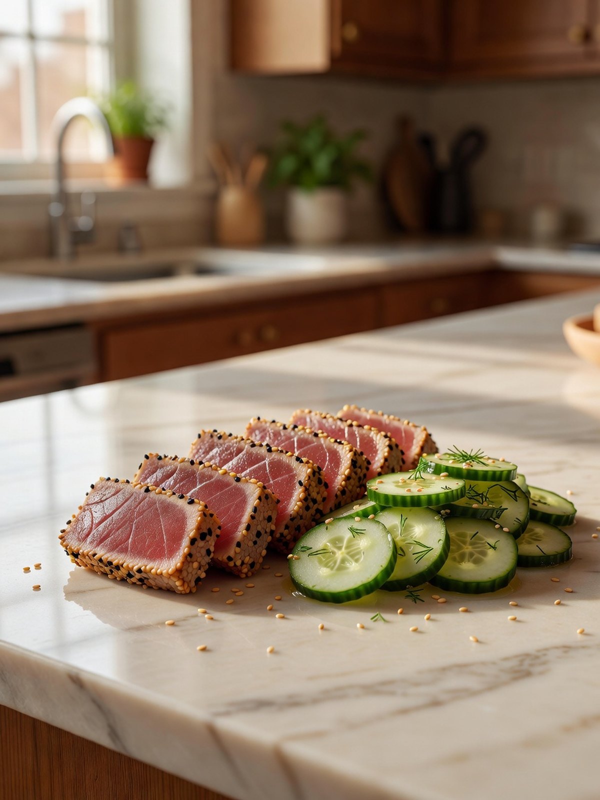Sliced cooked ahi tuna with a sesame crust beside cucumber salad