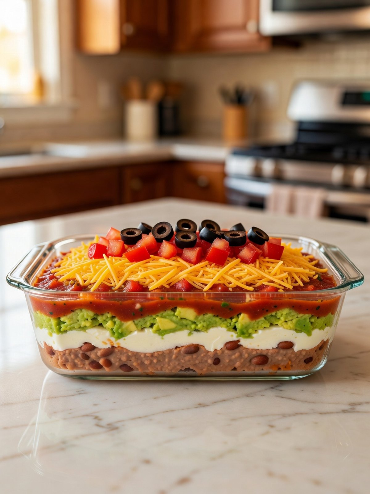 Glass dish of seven-layer dip showing beans, sour cream, avocado, salsa, cheddar, tomato, and olives