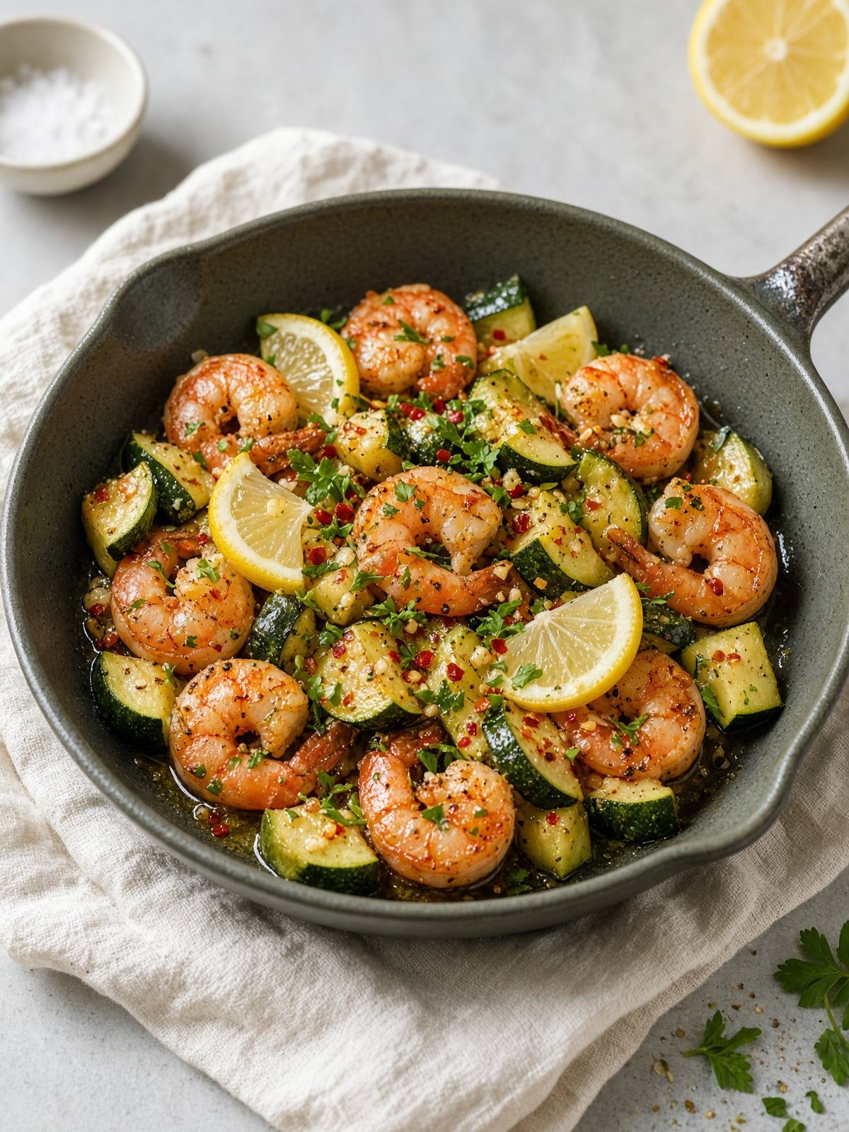 Skillet shrimp with zucchini, garlic, chili, and lemon.