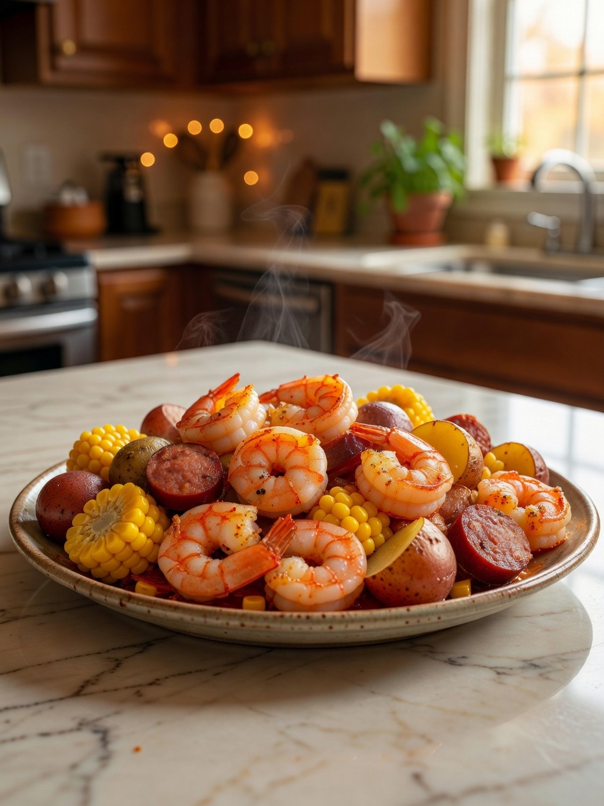 Platter of shrimp boil with potatoes, corn rounds, sausage, and shrimp