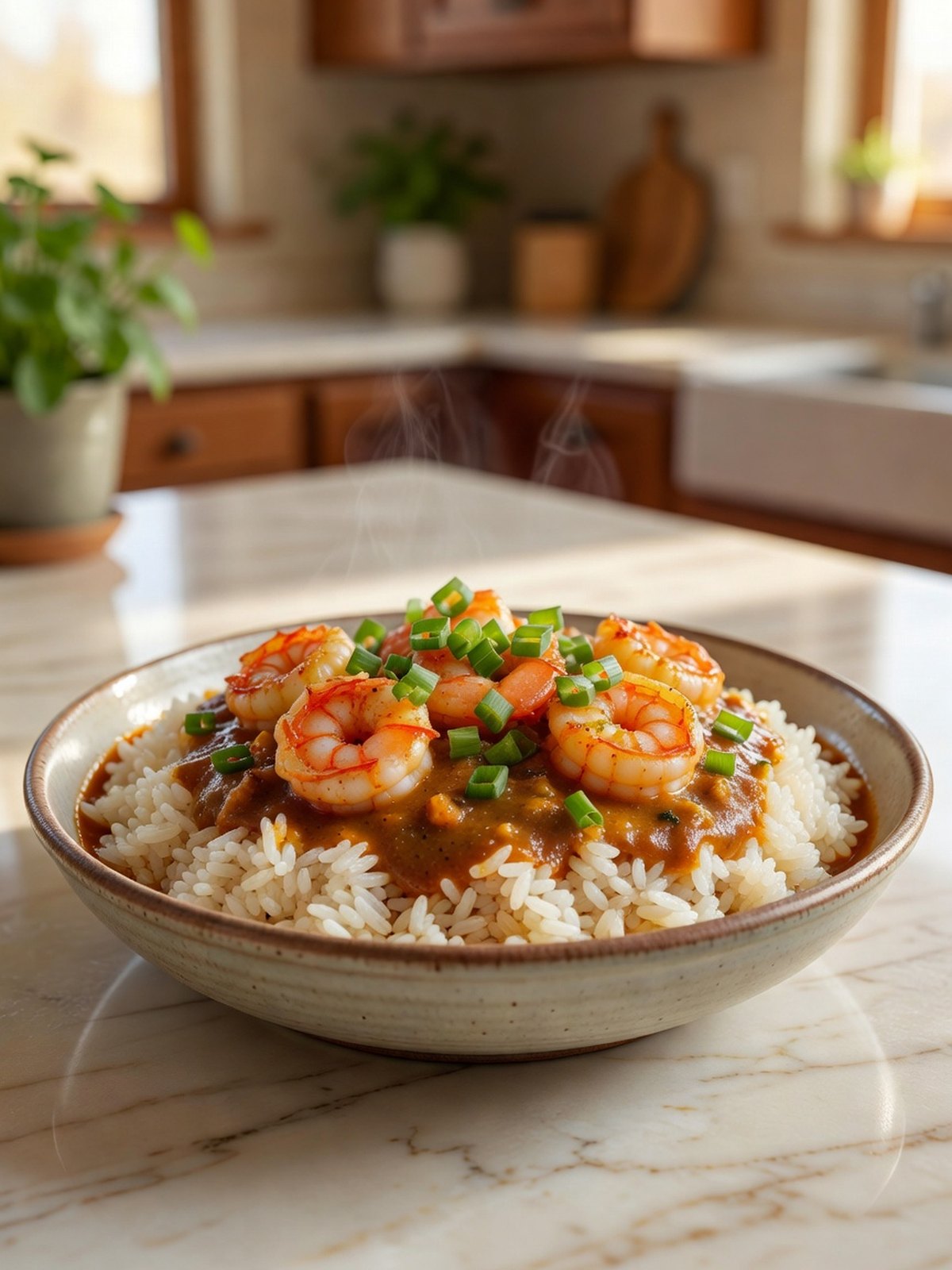 Bowl of shrimp etouffee over white rice with scallions