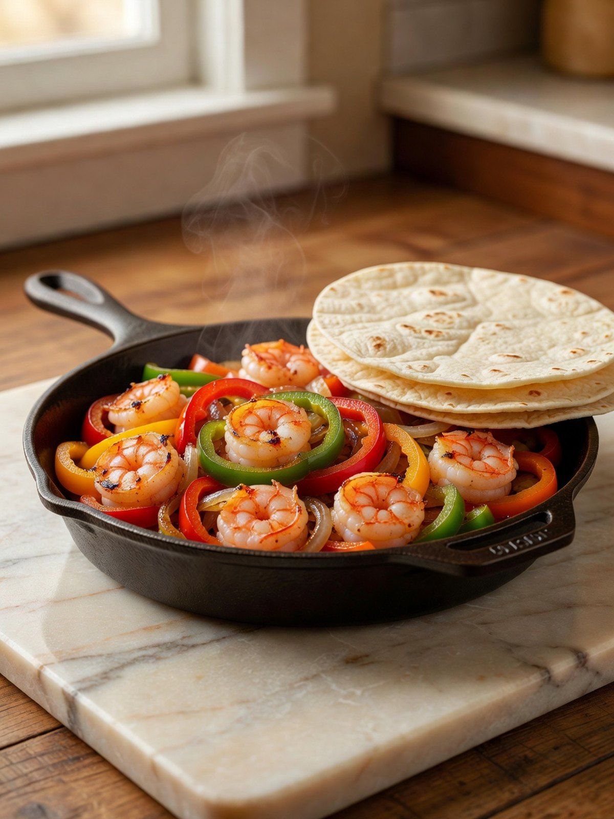 Skillet of shrimp fajitas with peppers and onions beside warm tortillas