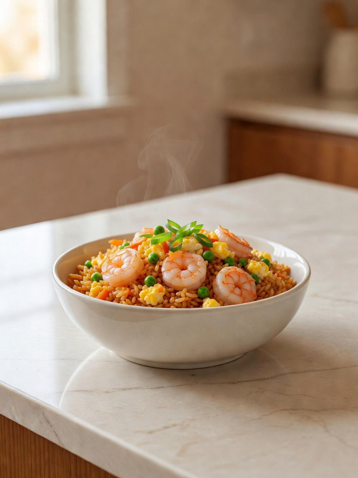 Bowl of shrimp fried rice with egg, peas, carrots, and scallions