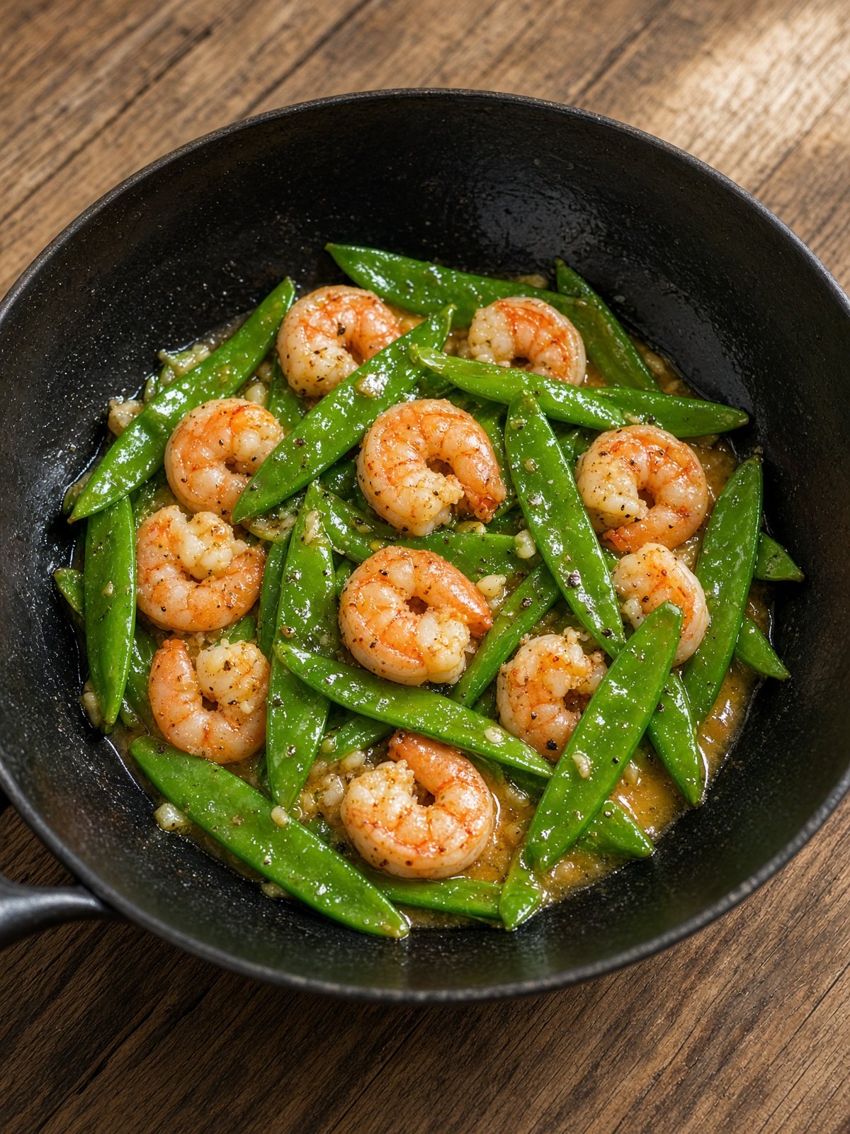 Shrimp and snow peas in a glossy ginger garlic sauce