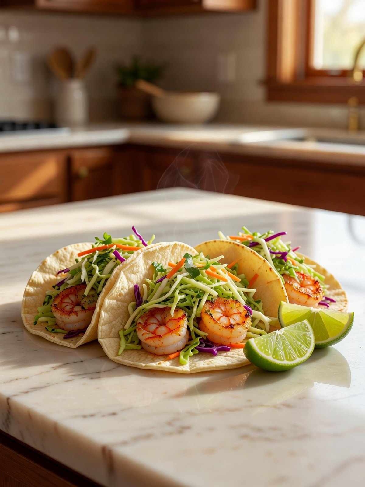 Corn tortillas filled with seasoned shrimp and cabbage slaw with lime wedges