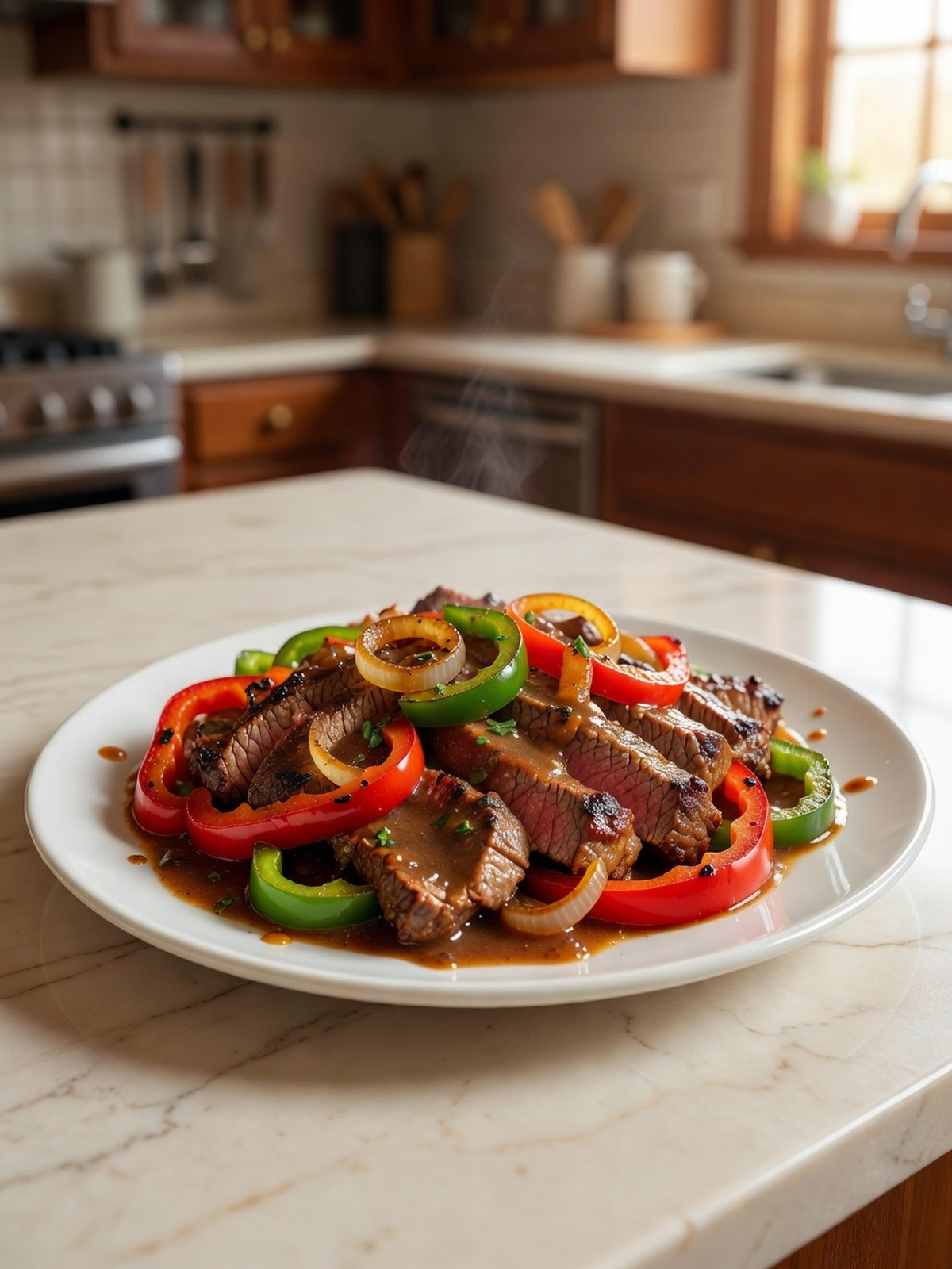 Sliced sirloin with red and green bell peppers and onion in a brown sauce