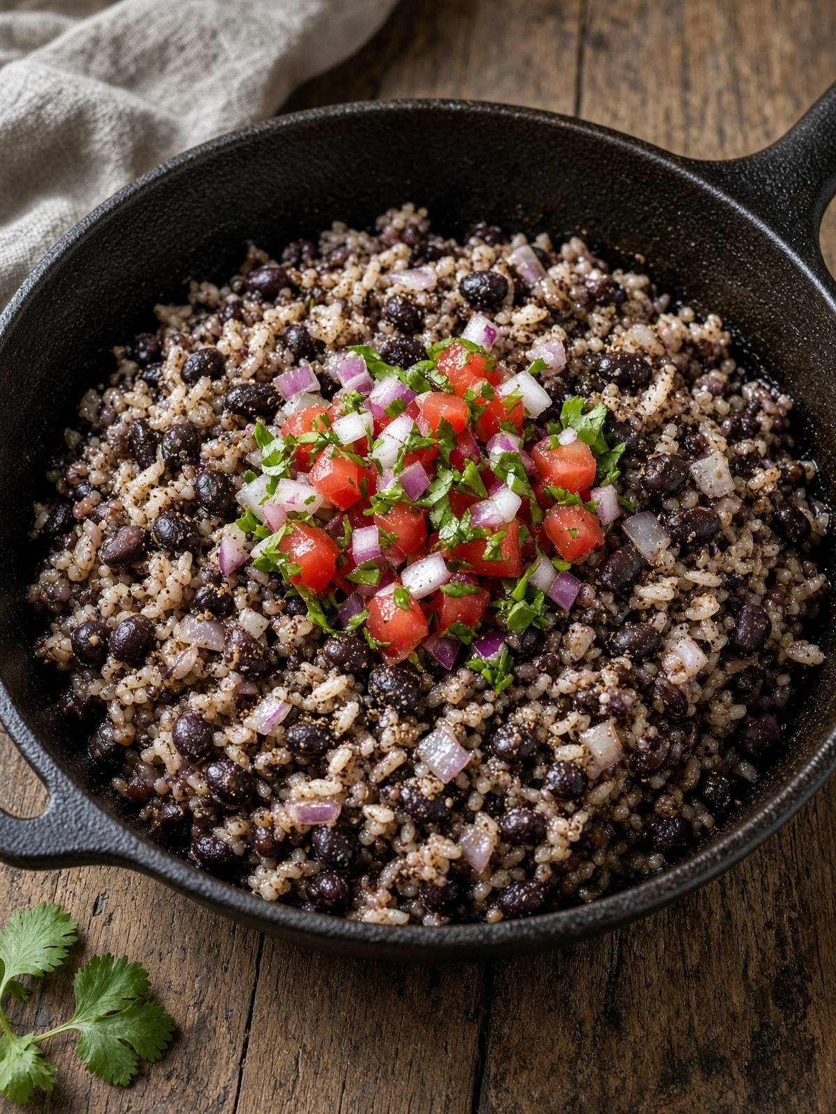 Skillet of black beans and rice with onion and salsa.