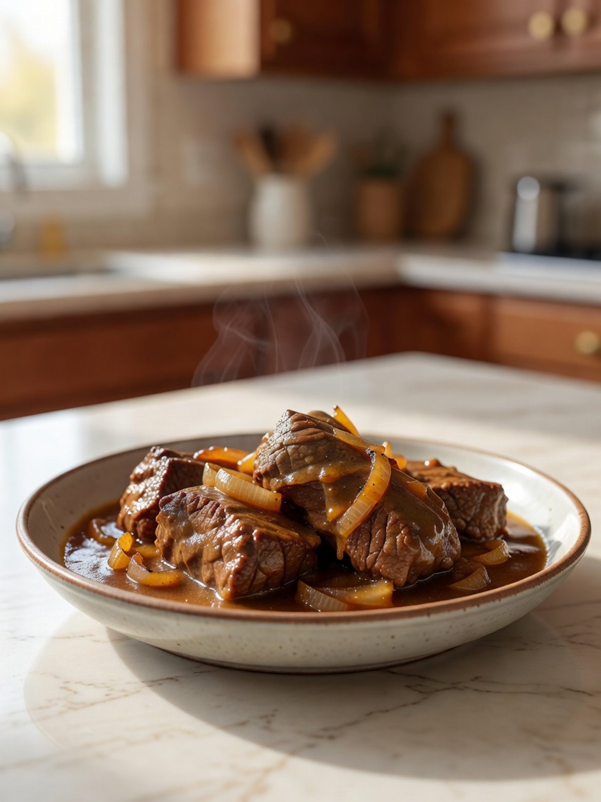 Tender beef tips in brown gravy with onions in a shallow bowl
