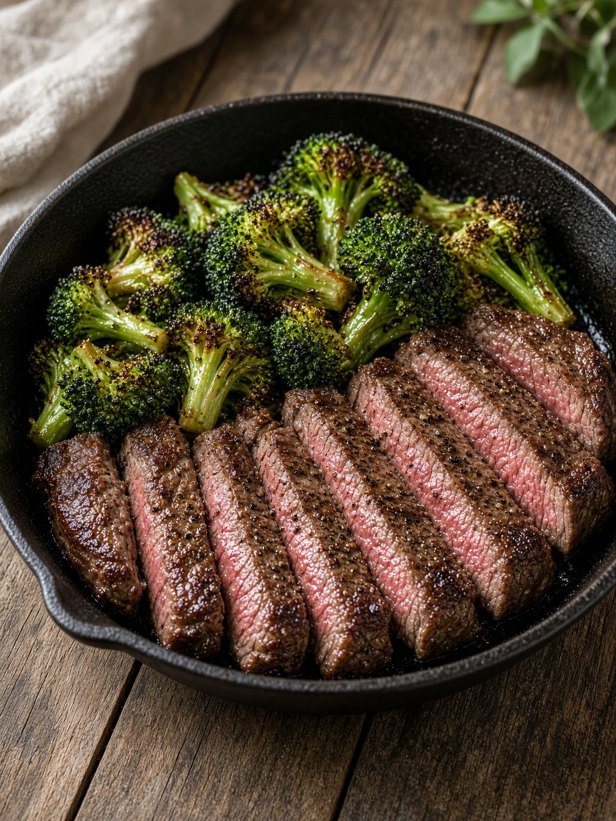 Sliced seared steak and charred broccoli in a skillet
