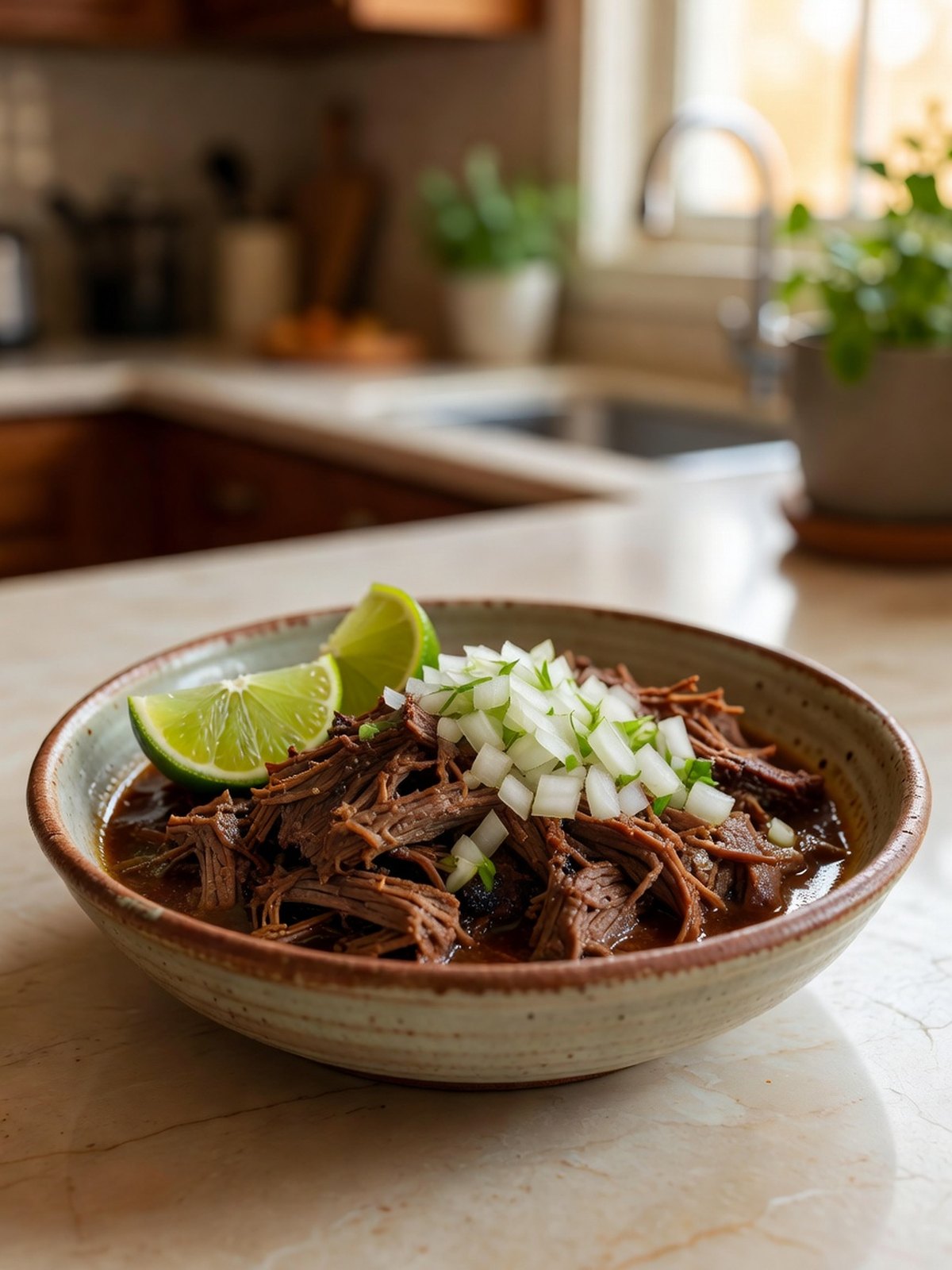 Shredded dark beef barbacoa in a bowl with lime wedges and chopped onion