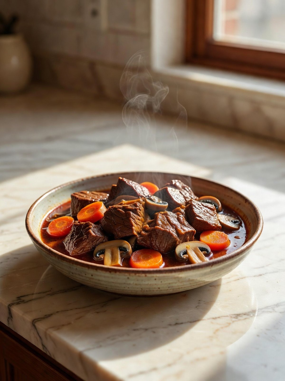 Bowl of beef bourguignon with tender beef, carrots, mushrooms, and a glossy red wine sauce