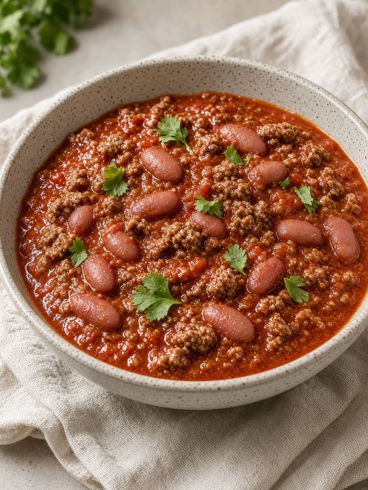 A bowl of beef and bean chili.