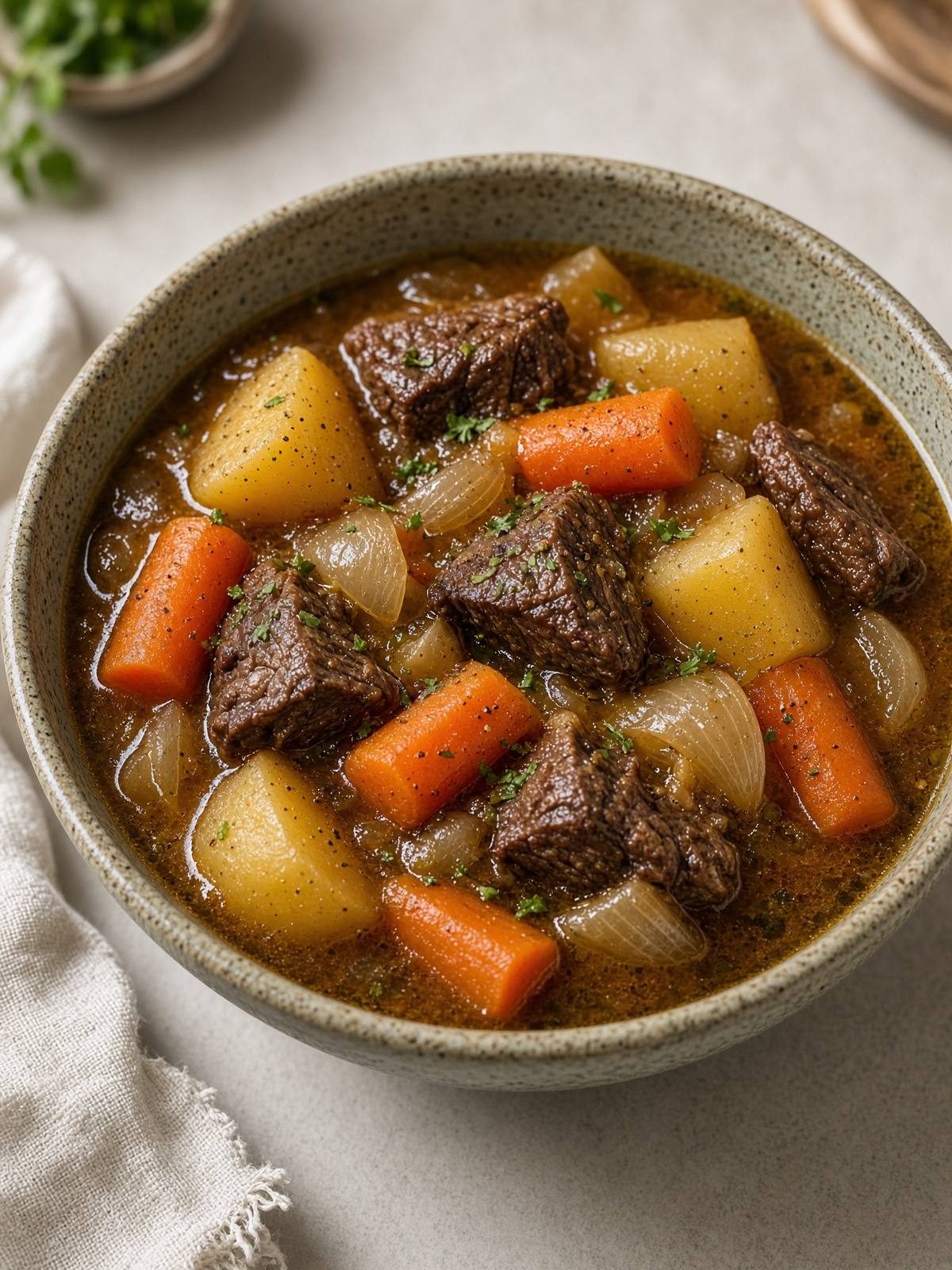 Beef stew with potatoes and carrots in a bowl.