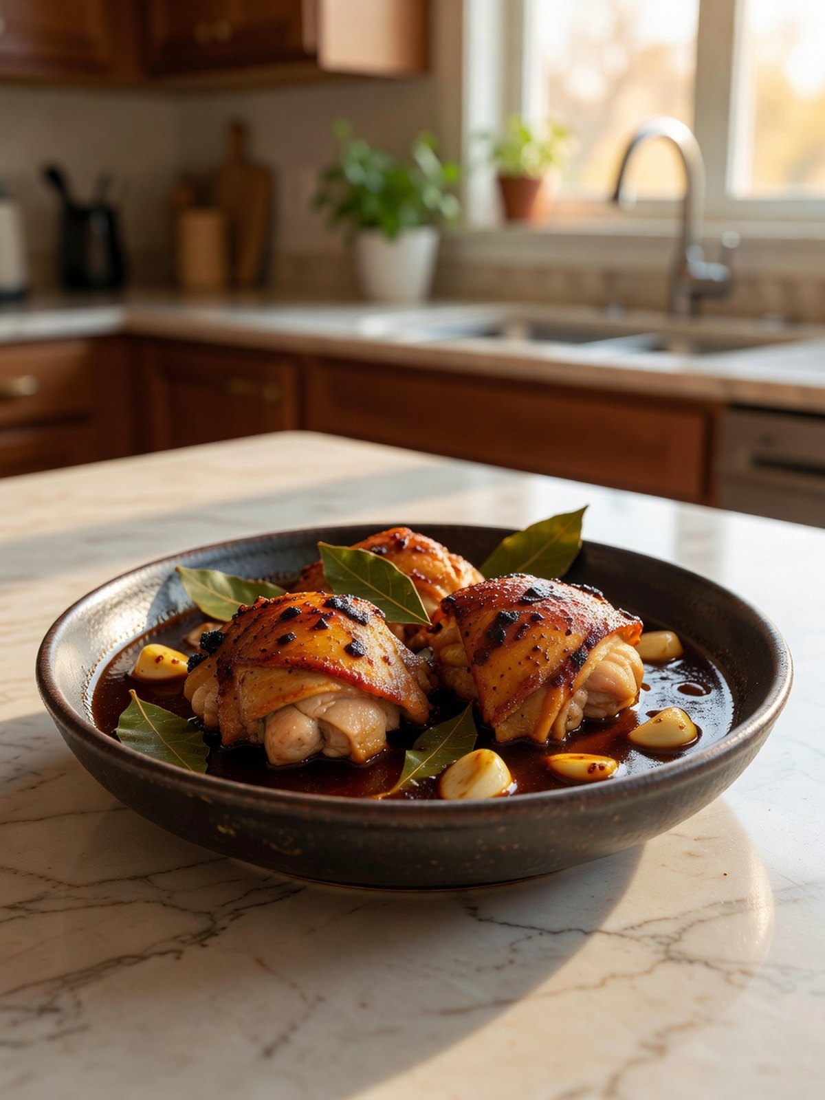 Chicken adobo thighs in a dark soy-vinegar sauce with garlic and bay leaves