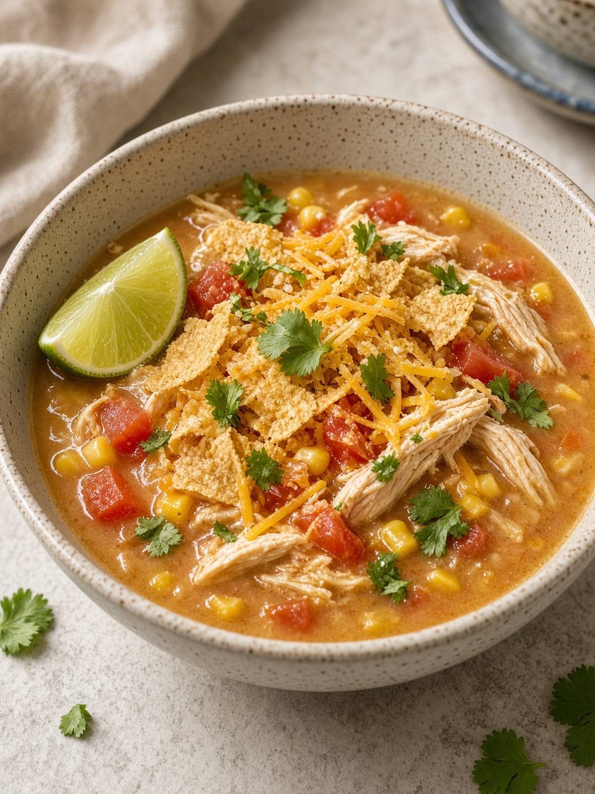 A bowl of chicken tortilla soup with chips, lime, and cheese.