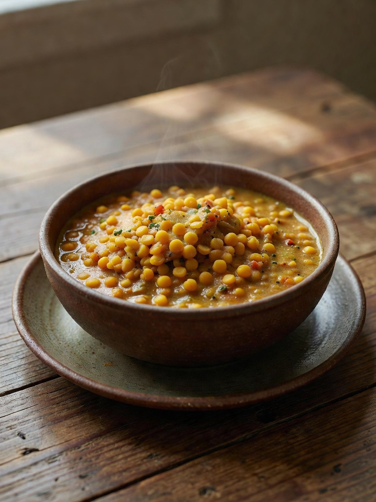 Bowl of creamy coconut red lentil dal with cilantro