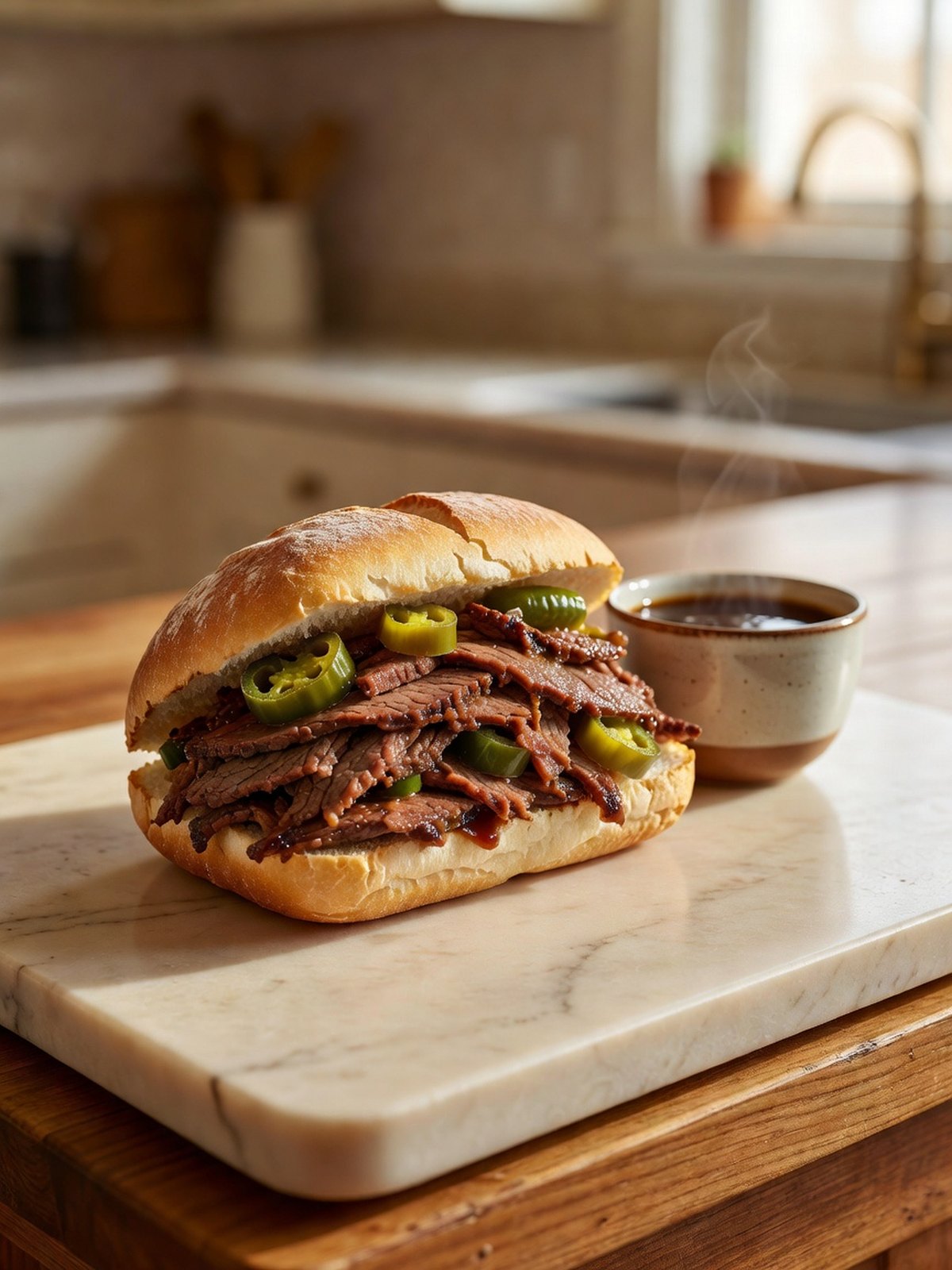 Italian beef on a crusty roll with pepperoncini and a cup of jus