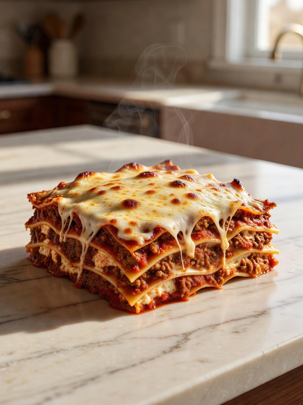 Square serving of slow cooker lasagna with melted mozzarella and a meat sauce layer