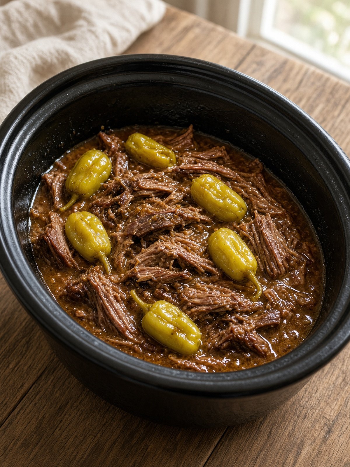 Shredded Mississippi pot roast with pepperoncini in a slow cooker