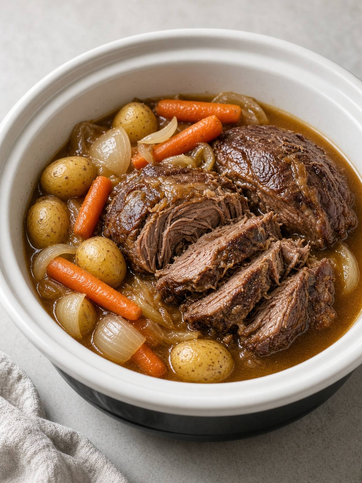 Pot roast with carrots and potatoes.