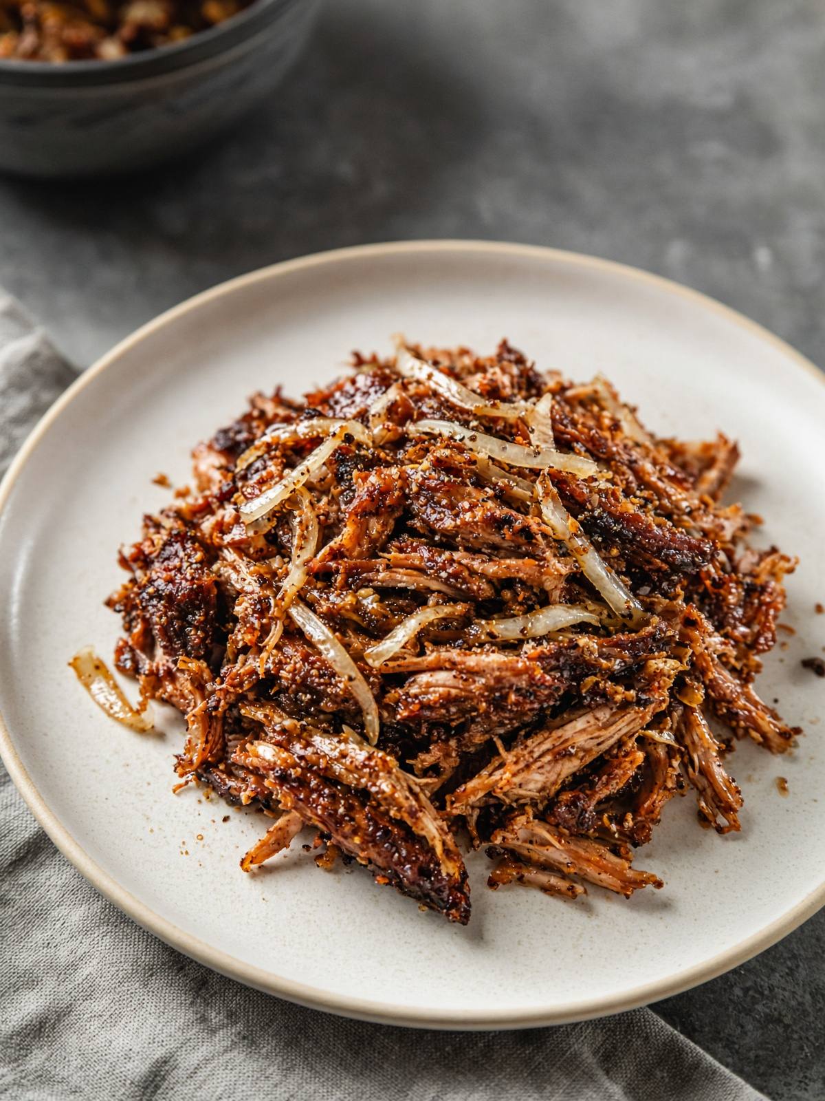 Pulled pork in a slow cooker with barbecue sauce.