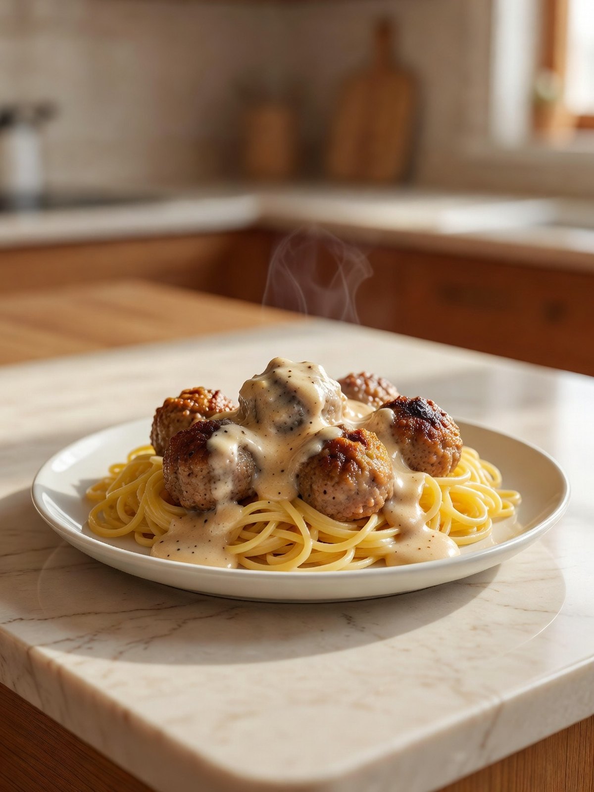 Swedish meatballs in a creamy gravy over egg noodles on a plate