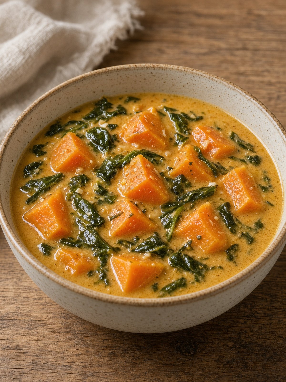 Bowl of orange sweet potato coconut stew with chickpeas