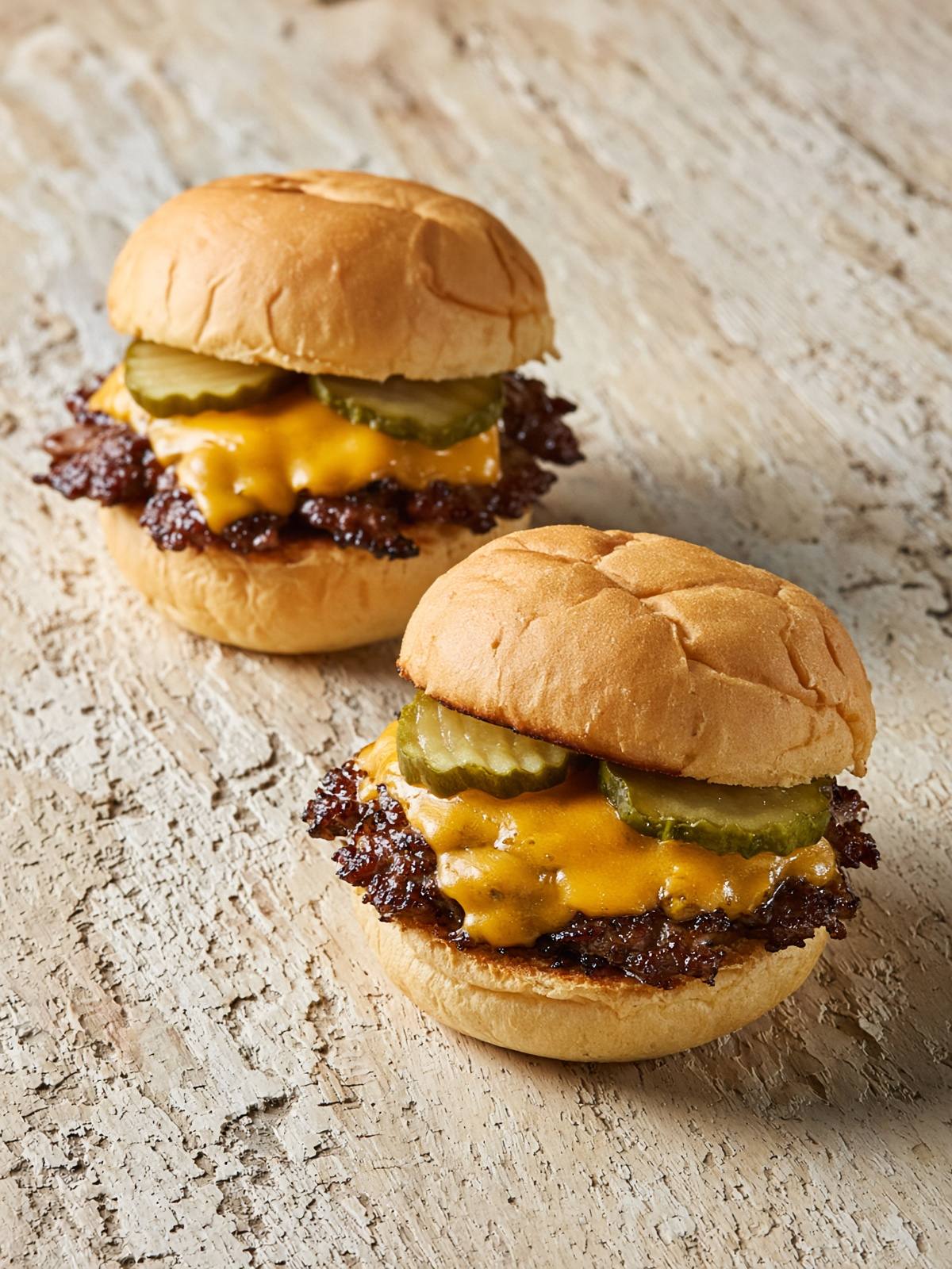 Two small smash burgers with cheddar and pickles on soft buns.