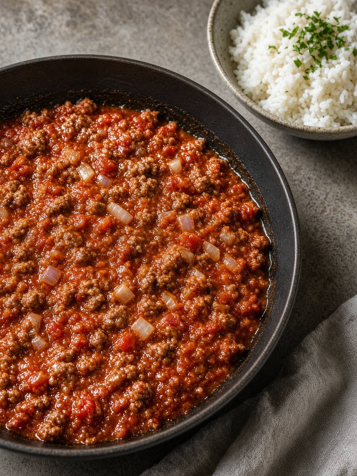 Smoky tomato ground beef in a skillet beside rice.