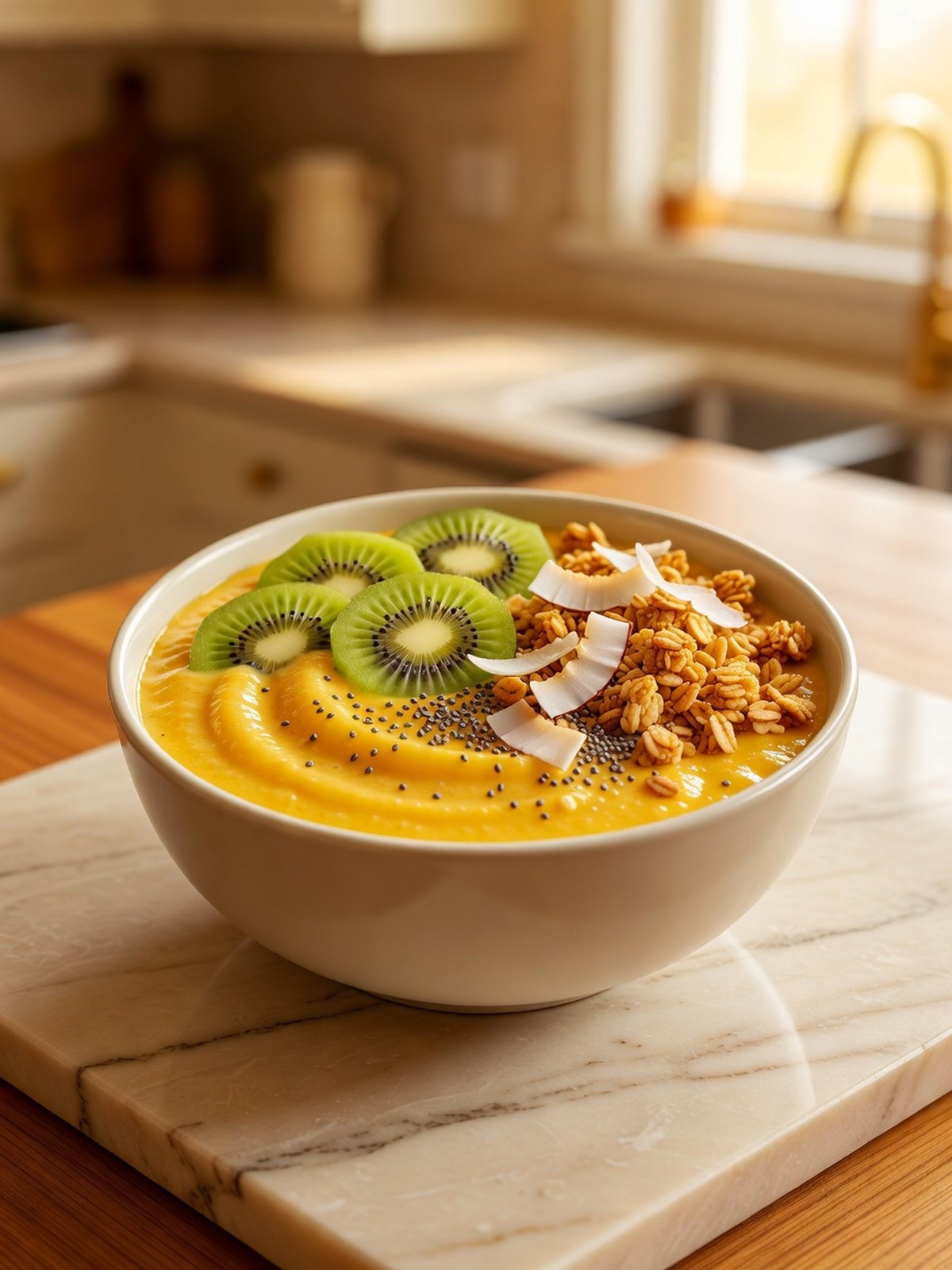 Thick yellow-orange smoothie bowl topped with kiwi slices, granola, coconut, and chia seeds