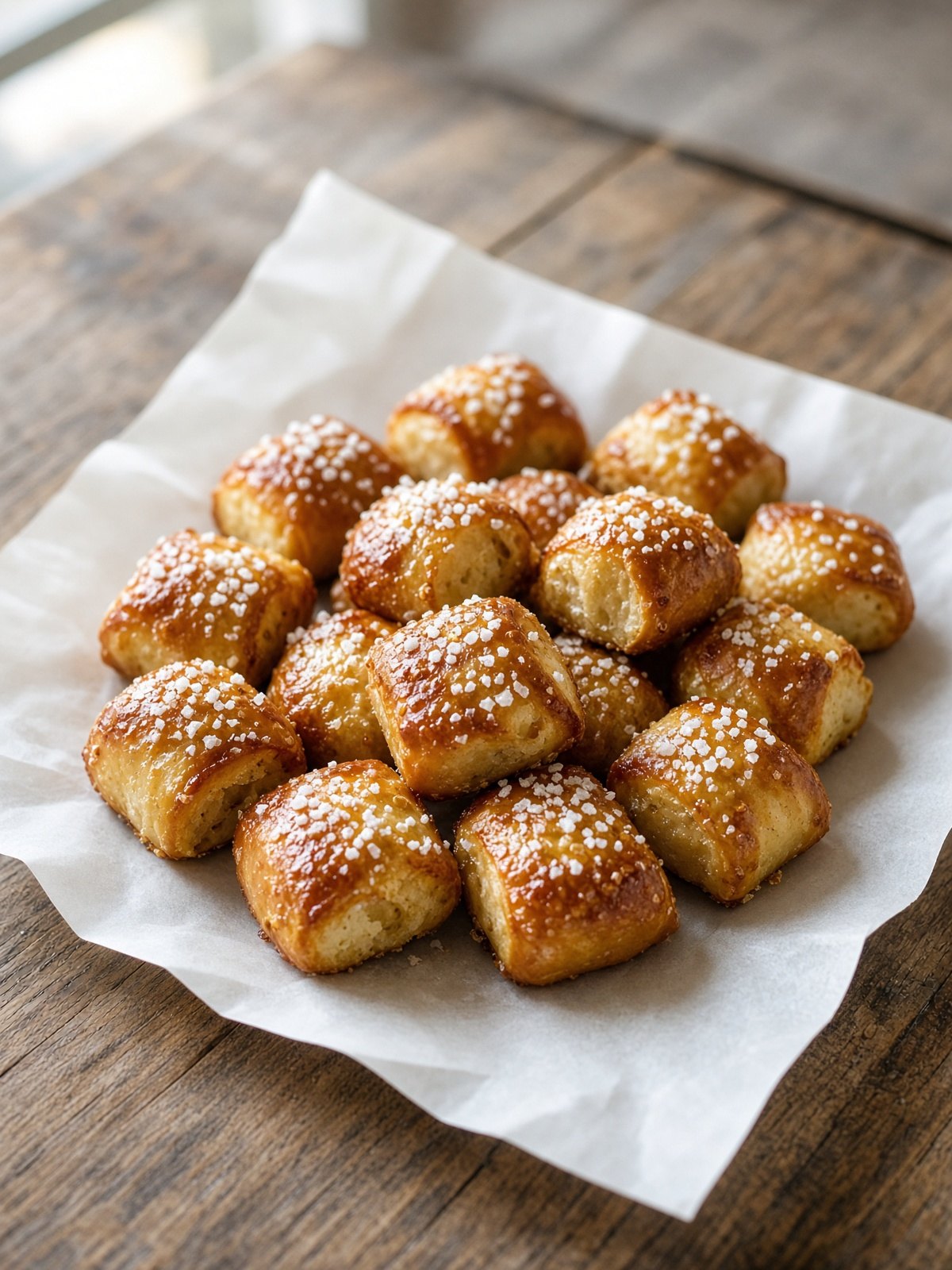 Golden soft pretzel bites with coarse salt on a parchment-lined tray