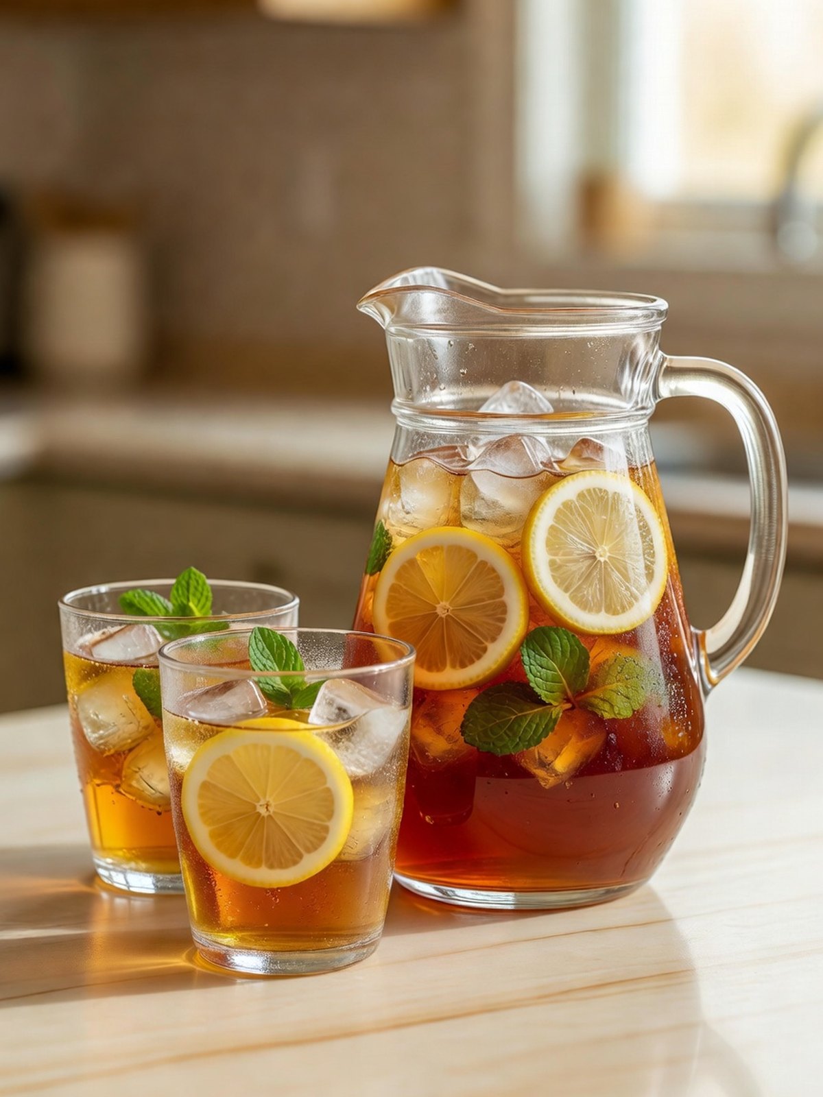 Pitcher and glasses of amber sweet tea over ice with lemon slices and mint