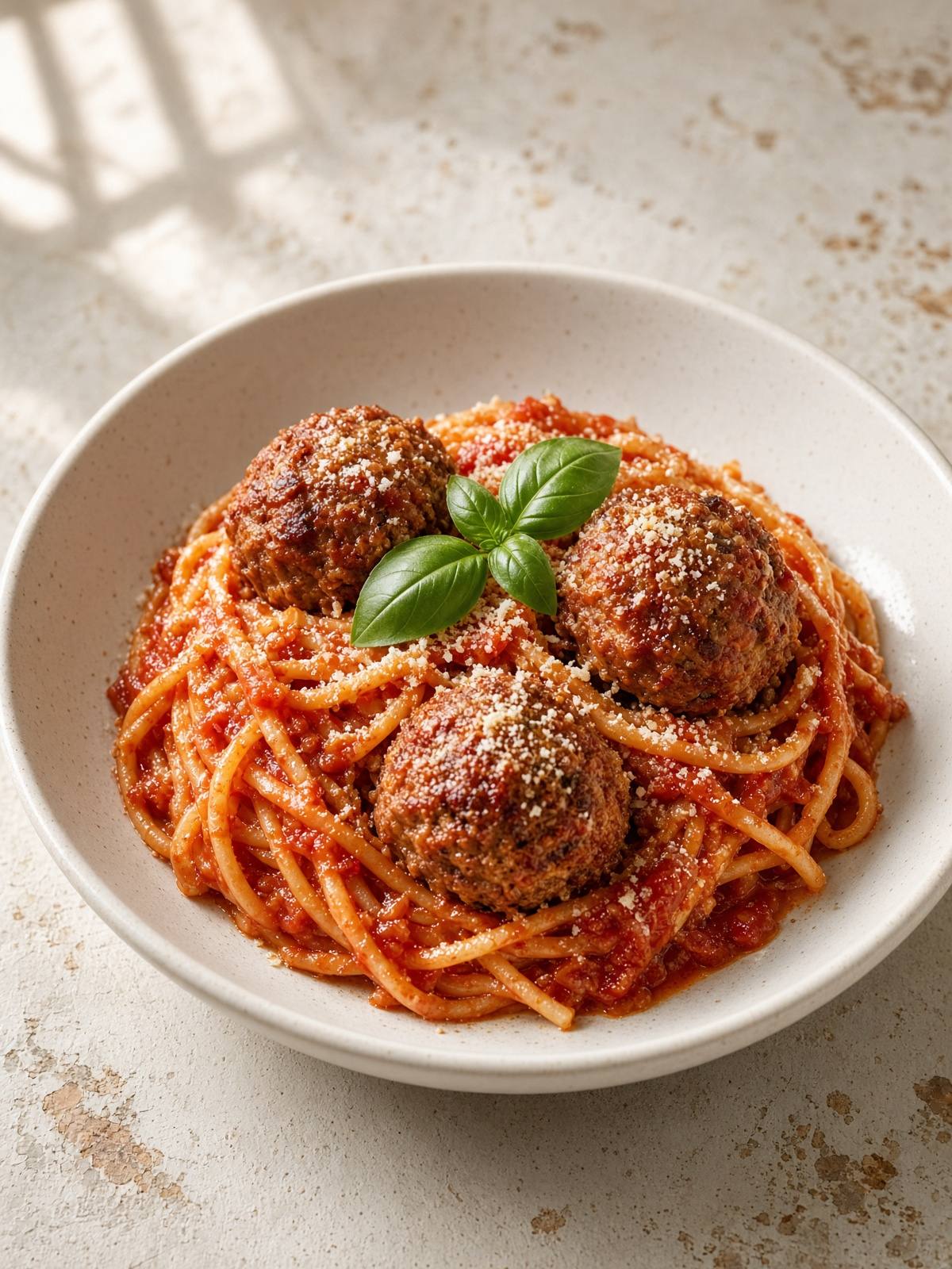 A bowl of spaghetti topped with three browned meatballs and red marinara, with chopped parsley and a little grated parmesan on top.