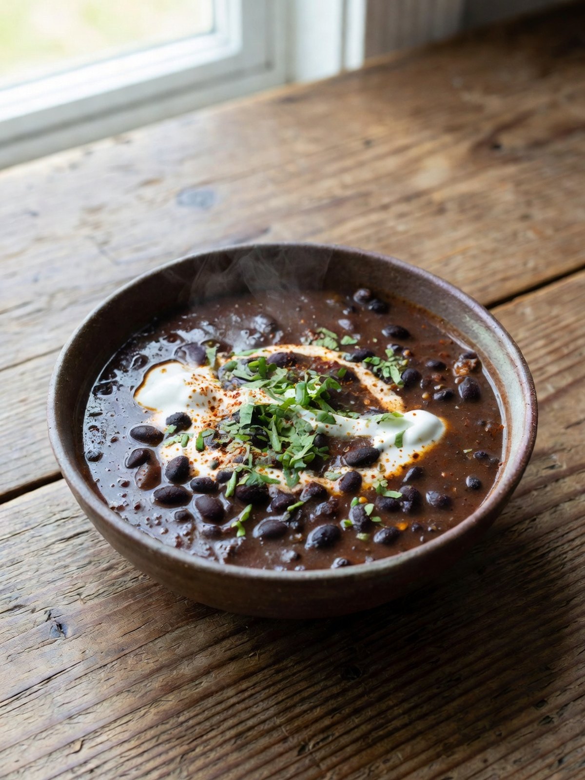Thick black bean soup topped with cilantro and a lime wedge