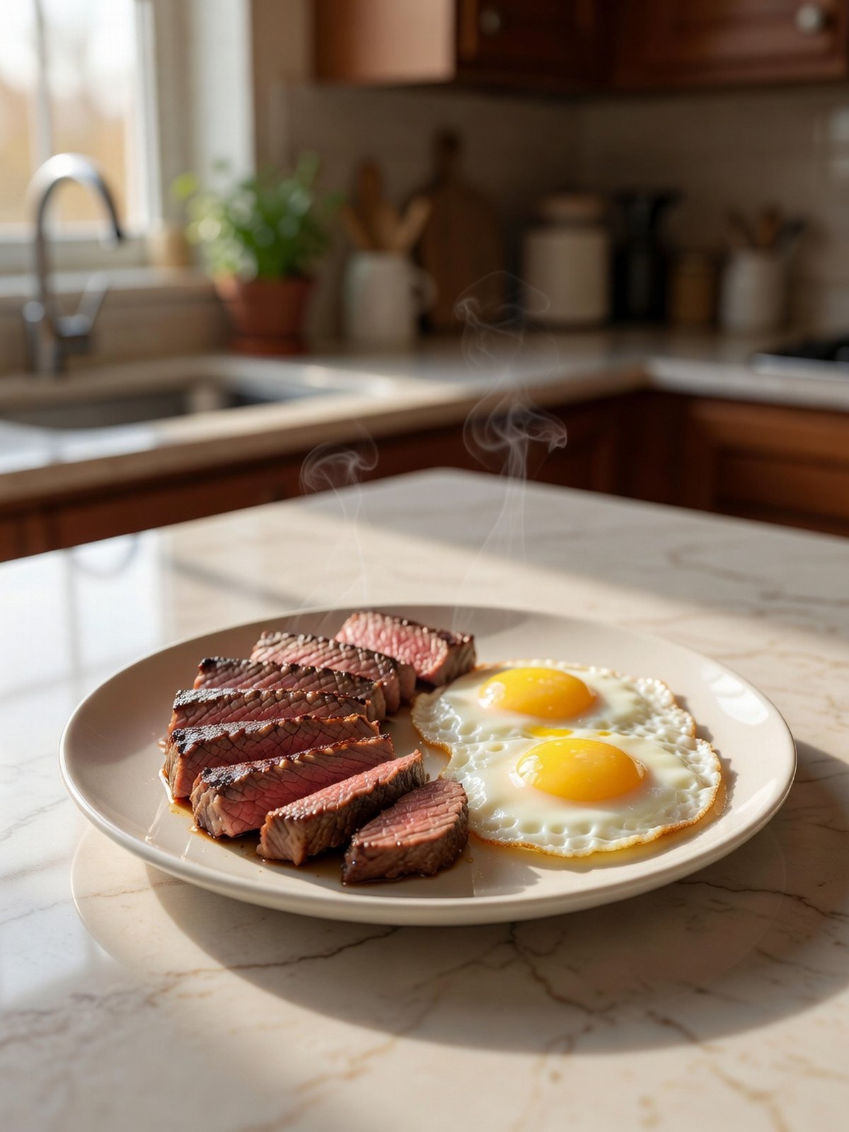Sliced medium steak beside fried eggs on a warm plate