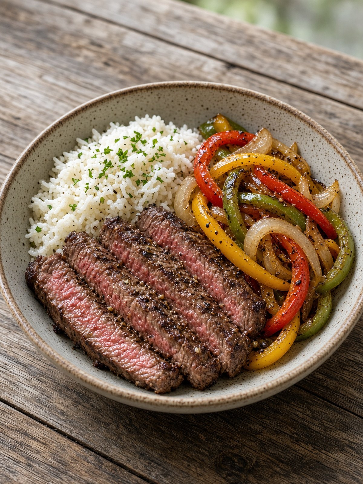 Steak fajita bowl with sliced steak, peppers, onion, and rice