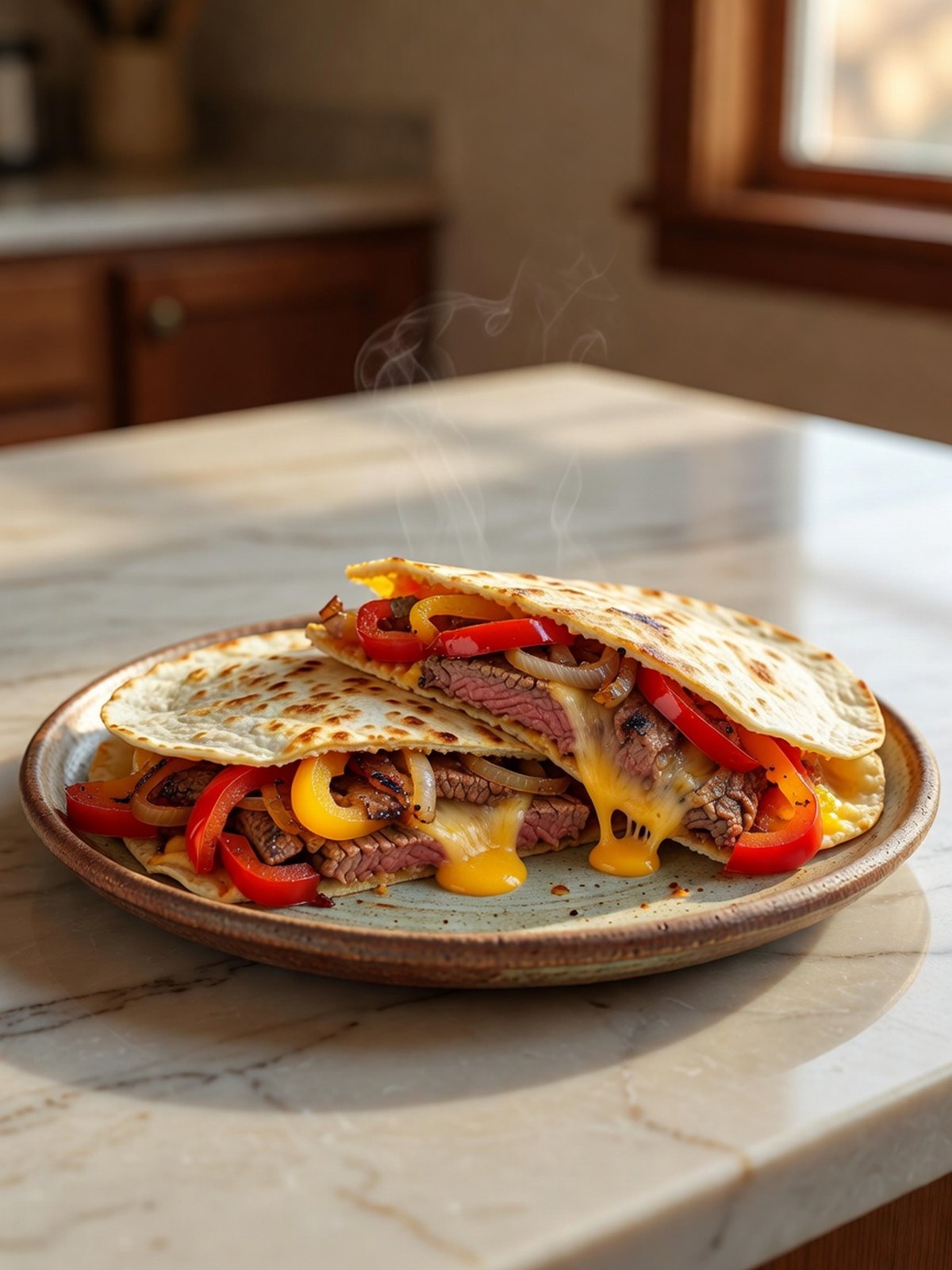 Cut steak fajita quesadillas with peppers, onion, and melted cheddar