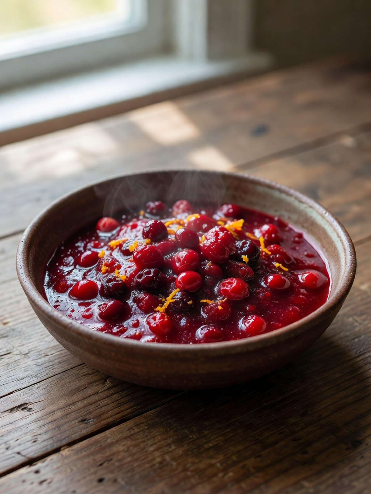 Bowl of glossy orange cranberry sauce with zest strands on top