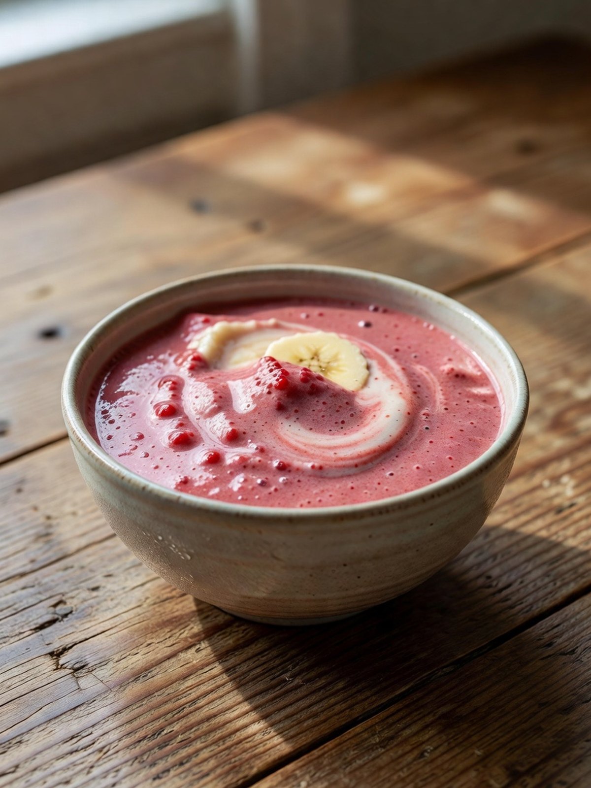 Pink strawberry banana smoothie in a clear glass with a straw