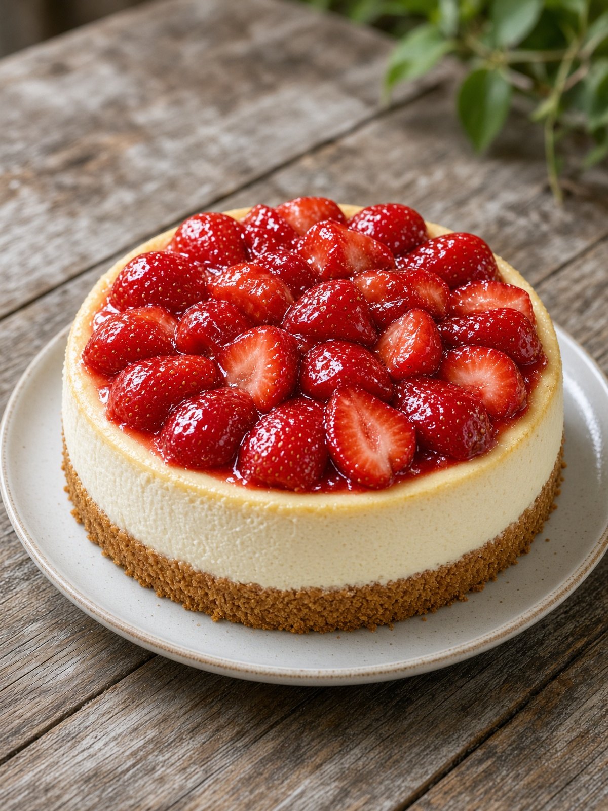 Whole strawberry cheesecake with a glossy strawberry topping