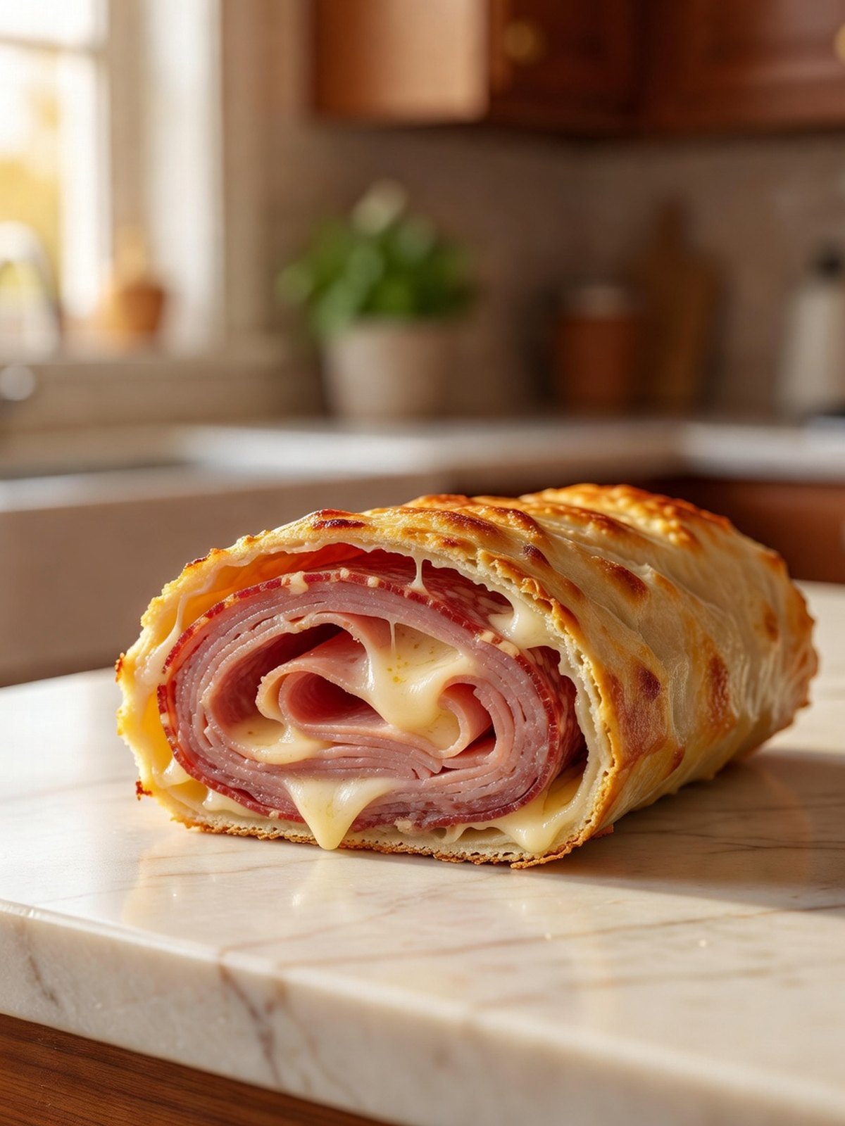 Sliced stromboli showing a spiral of ham, salami, and melted cheese inside a golden crust